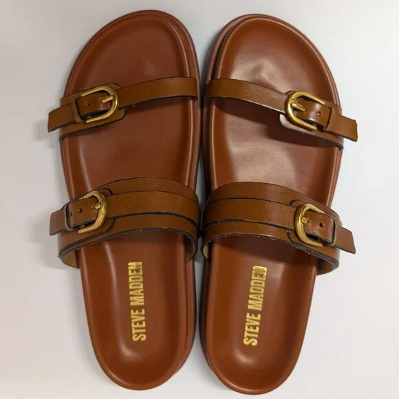 Steve Madden Zina Leather Double Strap and Buckle Sandals in Brown & Gold - Picture 3 of 12